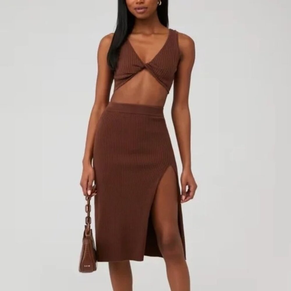 Line & Dot‎ Chocolate Brown Celia Skirt Set Womens M Twist Knot Detail Side Slit